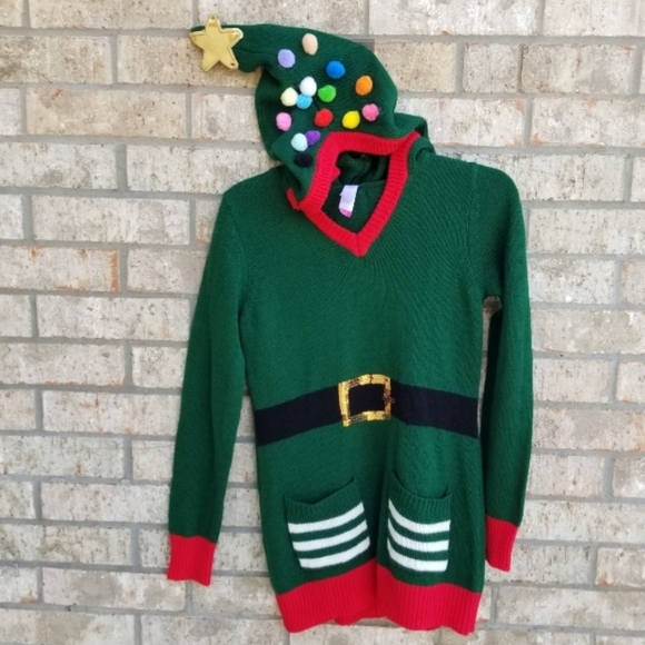 NoBo Hooded Ugly Christmas Elf Sweater Dress (Womens SM/M JrsXL 15-17) Green Red - Picture 2 of 10